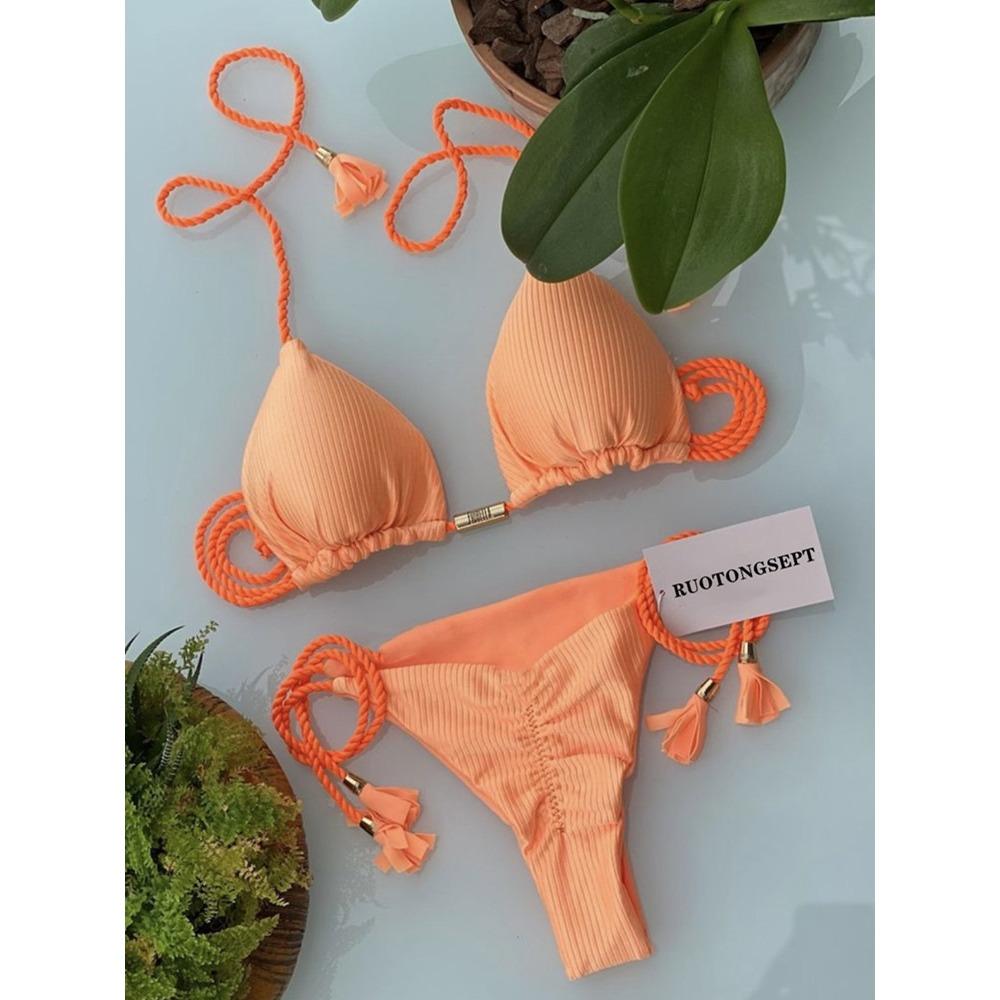 Costum de baie european și american geantă triunghiulară sexy pentru femeie Split Culoare uni Bikini sexy cu frânghie împletită multicoloră