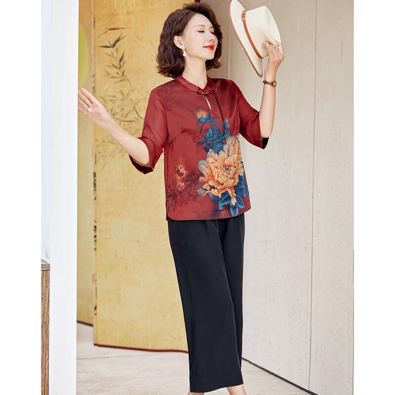 Pasten Women's New Chinese Style Summer Print Top & Pants Set