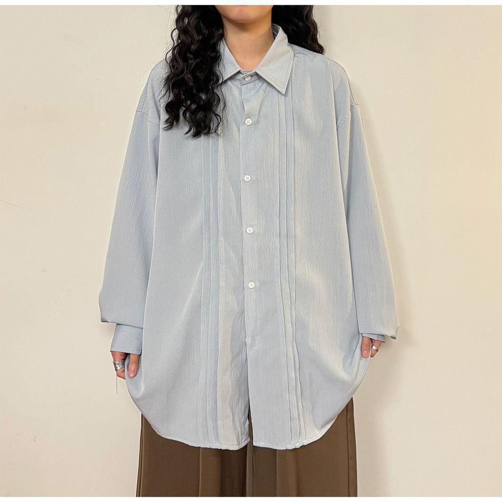Women's Early Autumn Japanese-Inspired Pleated Long-Sleeve Shirt - Casual and Loose Fit