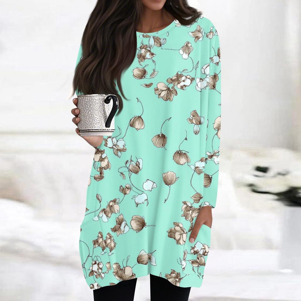 Womens Tops Round Neck  Long Sleeve Blouses Casual Mid-length Shirts Fashion Print Tunic Tops With Pockets