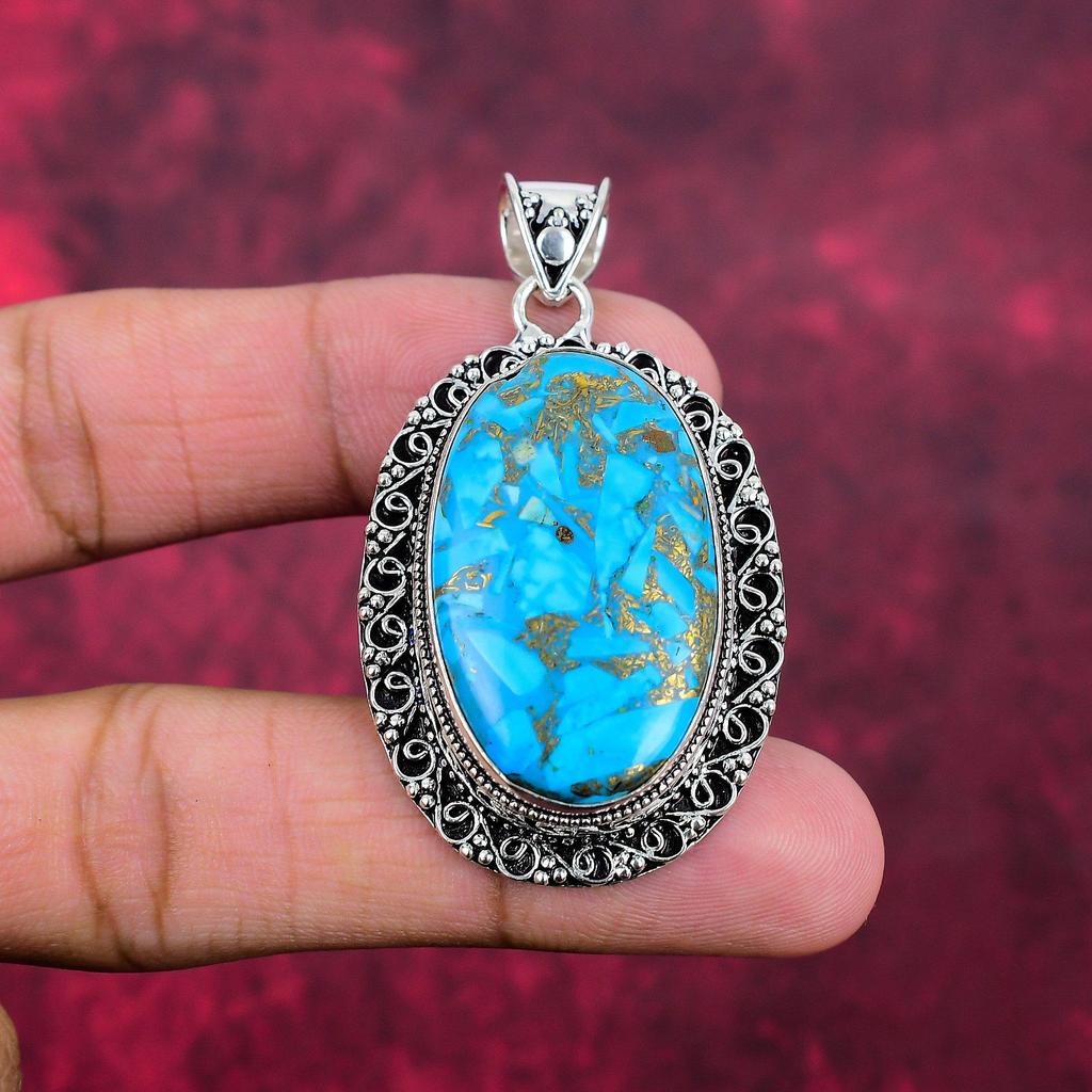 Kupfer Türkis 925 Sterling Silber Anhänger, handgefertigter Anhänger Edelstein Schmuck, Geschenke für Frau brandneuer Anhänger