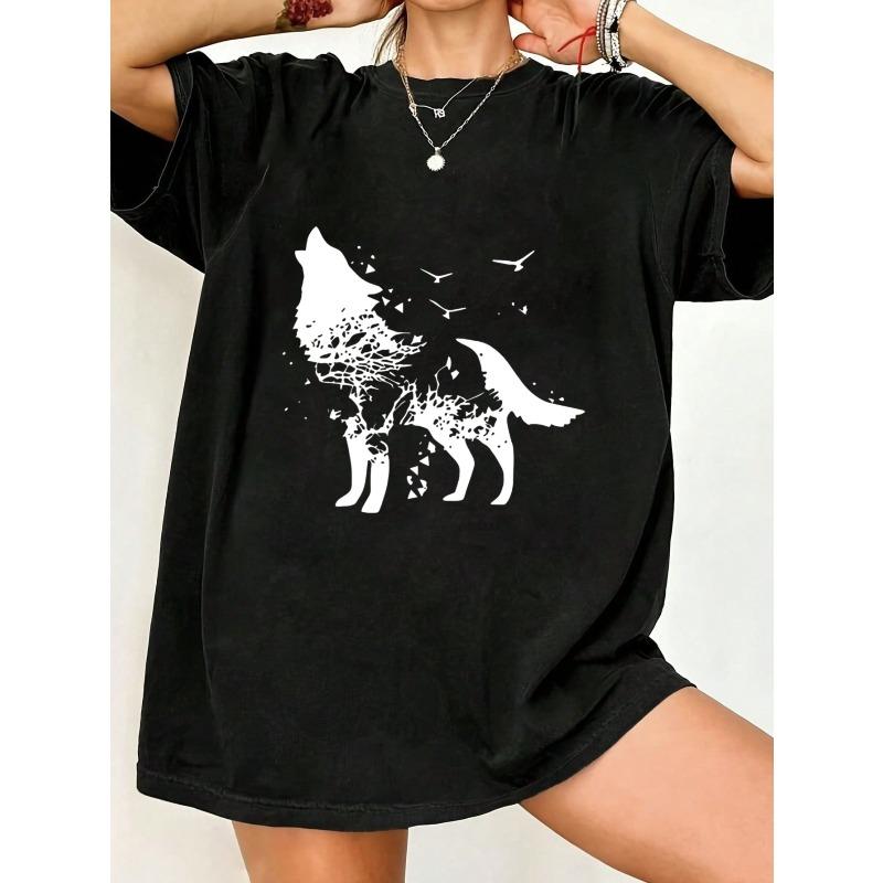 Black Oversized T Shirt Wolf Tree And Birds Print Casual Streetwear For Women Summer Outfits