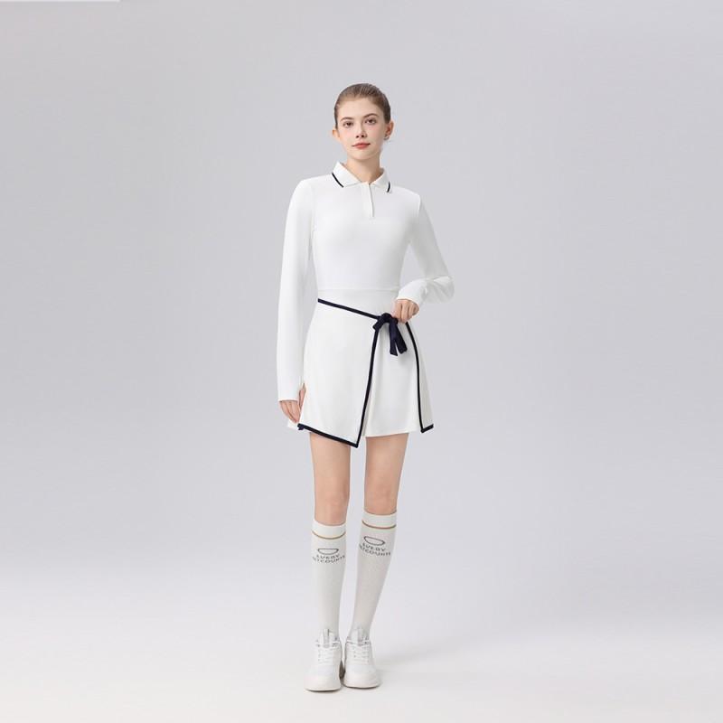 Womens Tennis Dress With Contrast Polo Collar High-Elastic Fit Built-in Shorts Breathable Knit Sport Set