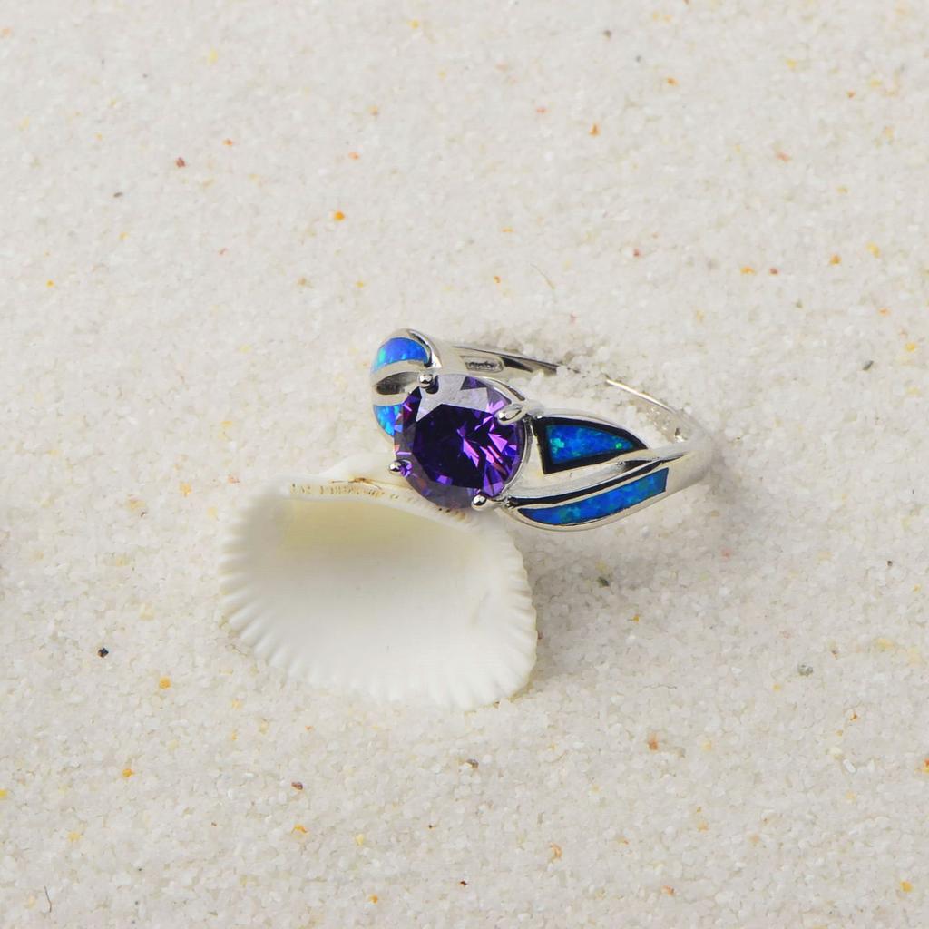 Purple Crystal & Blue Opal Ring | Silver Statement Band Jewelry