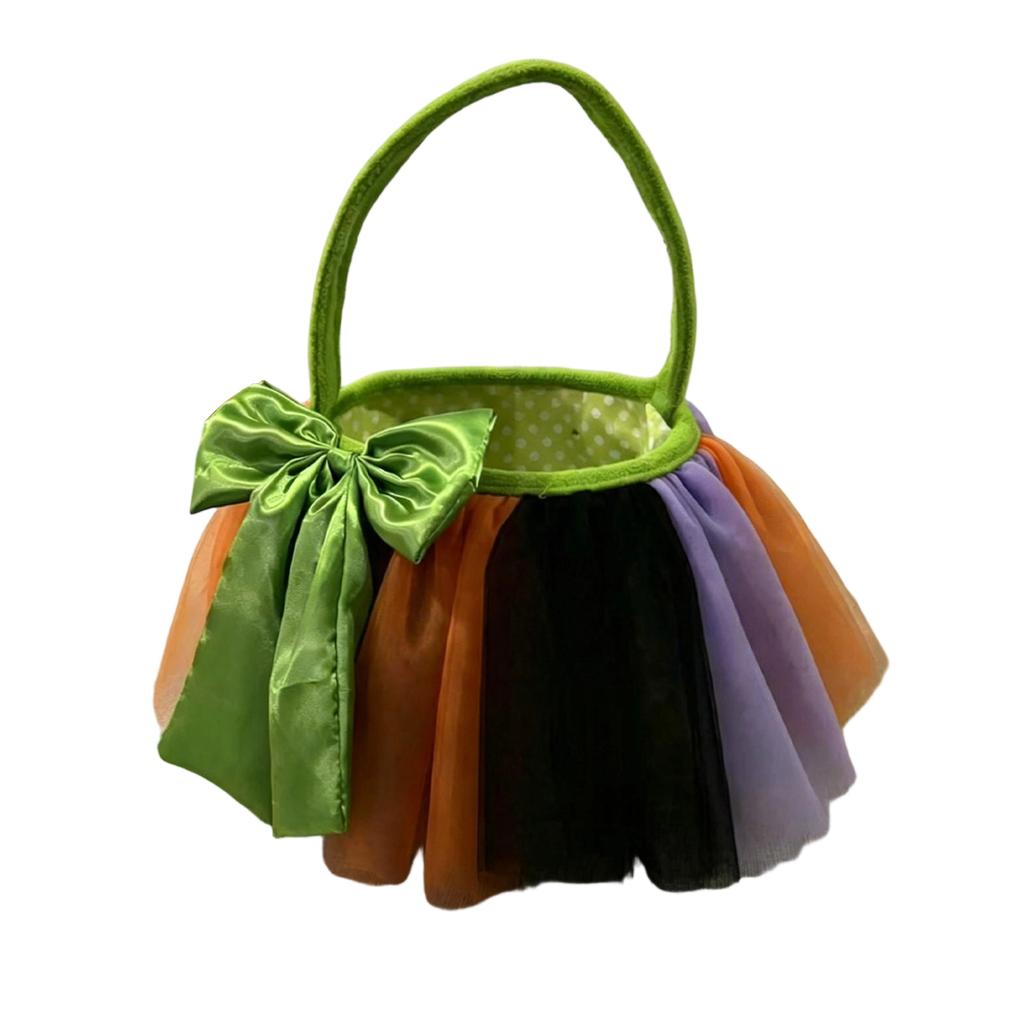 Halloween Candy Basket Mesh Tulle Bow Decorative Bucket Soft Handle Trick or Treat Storage Container for Party and Home Use