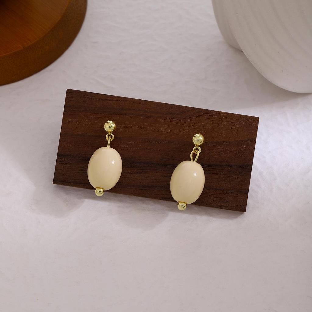 Silver Needle Minimalist Milky White Bean-Shaped Geometric Oval Earrings for Women