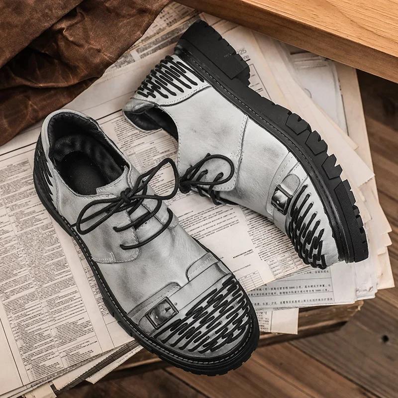 Zapatos Casuales de Cuero Originales Europeos de Moda para Hombre Moda Suela Gruesa Zapatos Derby para Viajar Cuero Genuino Zapatos Oxford para Exteriores