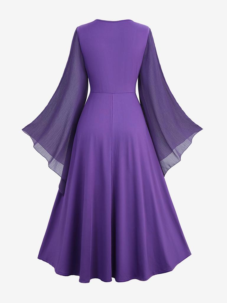 Rosegal Plus Size Cross Zipper PU Strap Buckle Chiffon Textured Flare Sleeves Ruffles A Line Dress