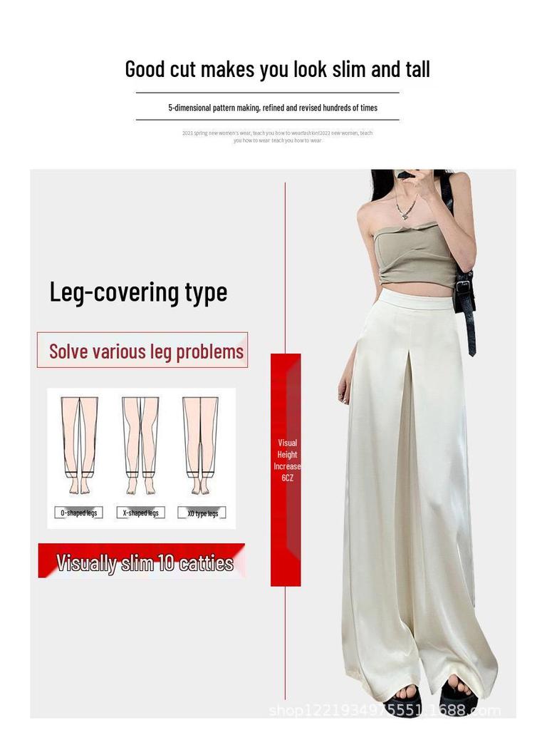 Women's High-Waisted Acetate Satin Wide-Leg Pants - Slimming, Loose, Floor-Length, Spring Style