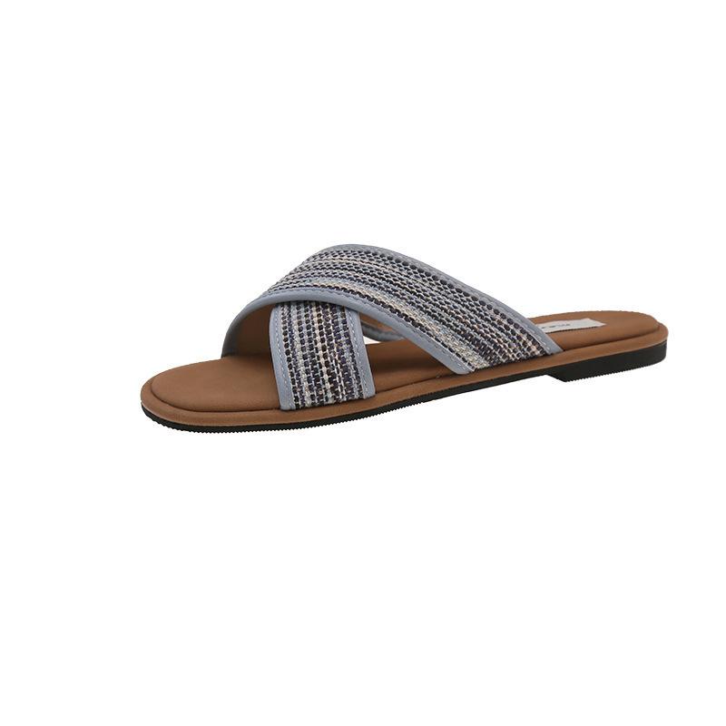 Flat-bottomed retro woven open-toed cool slippers women's summer wear new with skirt cross-strap sandals