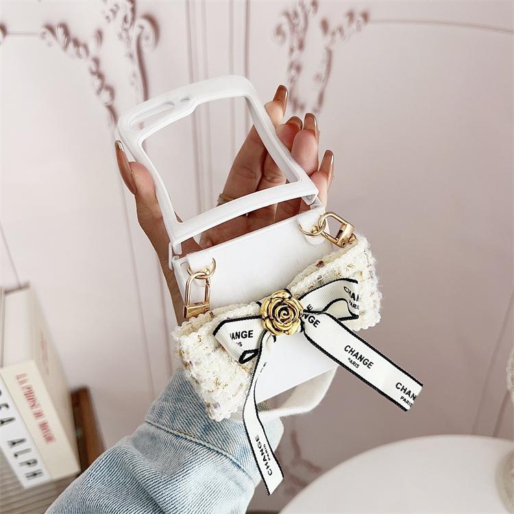 Applicable Samsung ZFlip7 mink plush phone case zflip6 bow camellia lanyard portable protective case