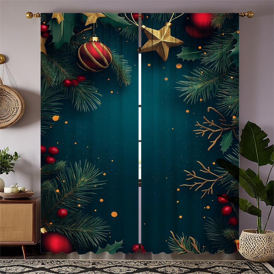 Christmas Blue Background Printed Curtains Pole Bag Decorations Home Room Made Of Polyester
