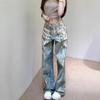 Amerikanische High Street Denim Spitze Alte Gerade Jeans Trendige Damen Vintage Waschung Weitbeinige Jeans, Bedruckte Perlen & Spitze Verzierte Freizeithosen
