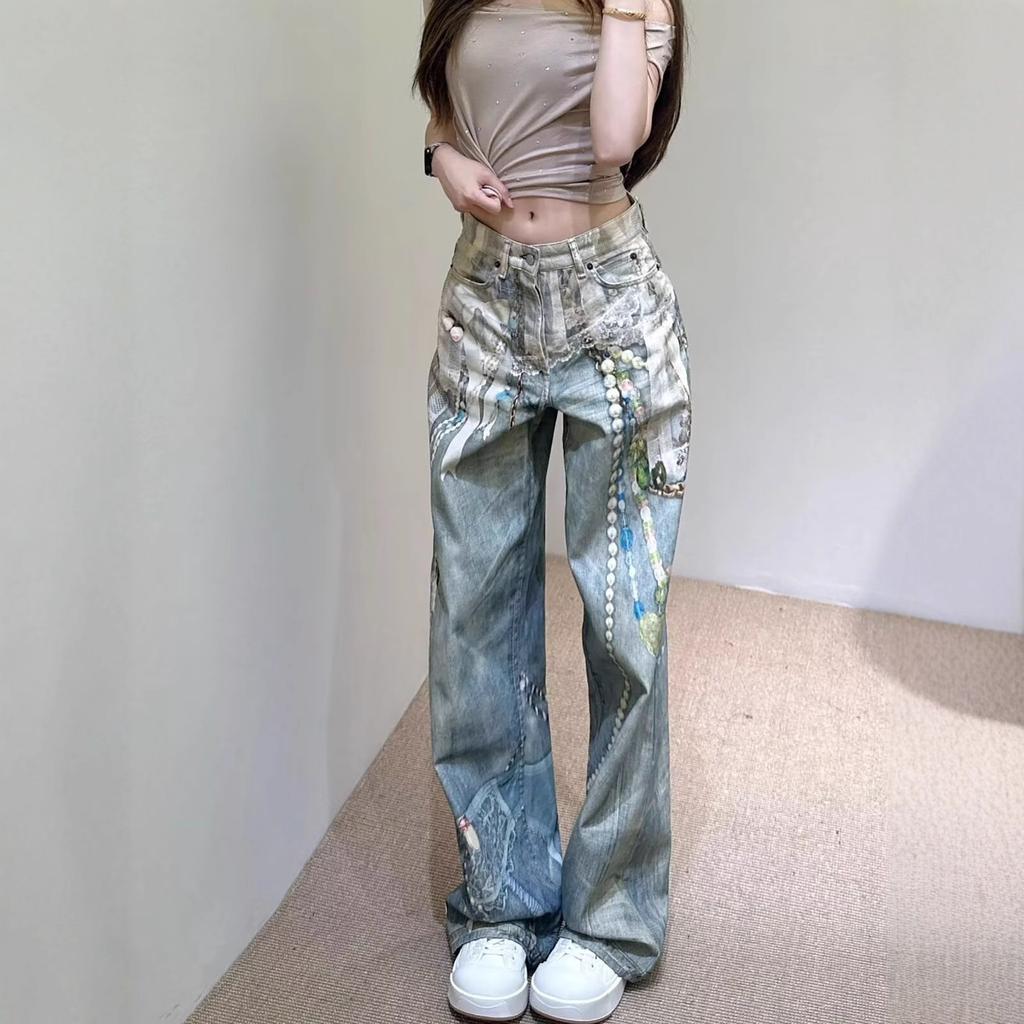 Amerikanische High Street Denim Spitze Alte Gerade Jeans Trendige Damen Vintage Waschung Weitbeinige Jeans, Bedruckte Perlen & Spitze Verzierte Freizeithosen