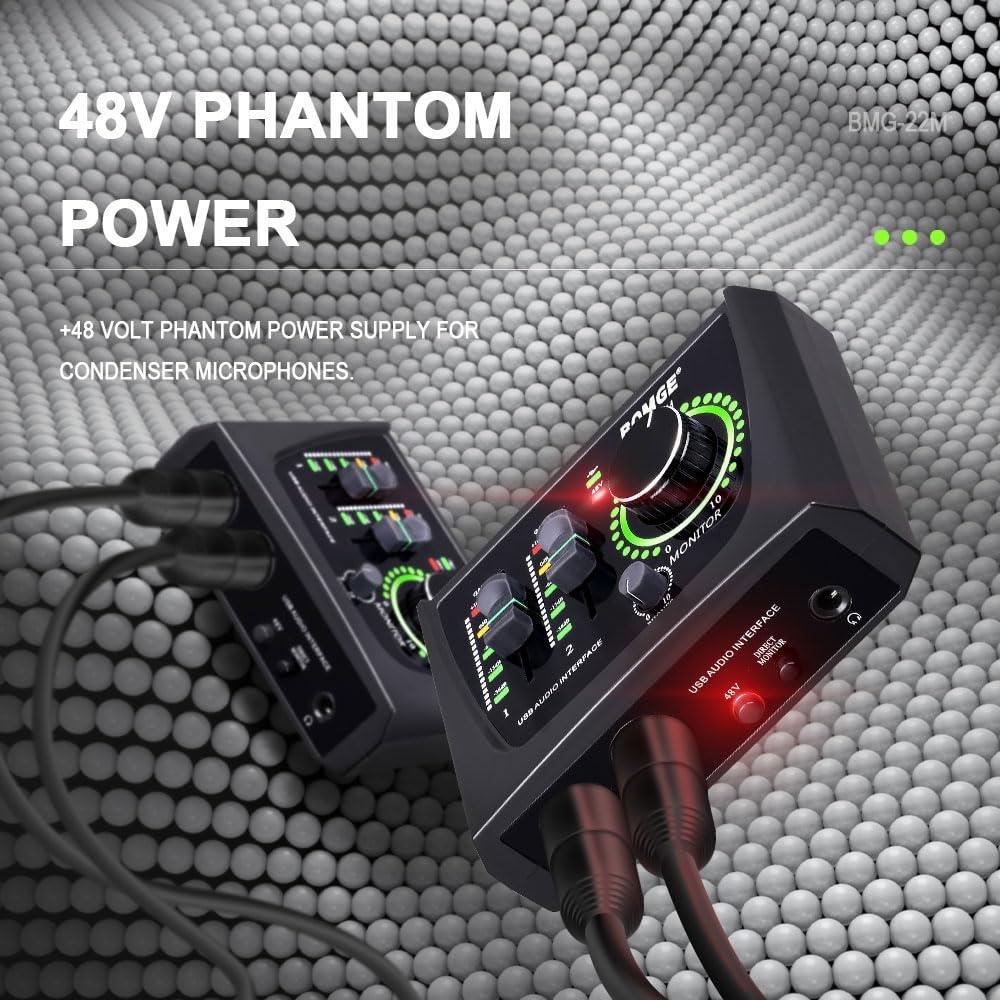 BOMGE Mini 2-kanals USB-lydgrensesnitt for opptak, streaming og podcasting med XLR48V Phantom Power, Studio Quality Audio Interface for gitar
