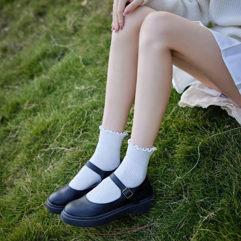 Ruffle Ankle Socks for Women Cotton Soft Solid Color Ribbed Knitted Lettuces Edge Low Cut Middle Tube Frilly Crew Socks