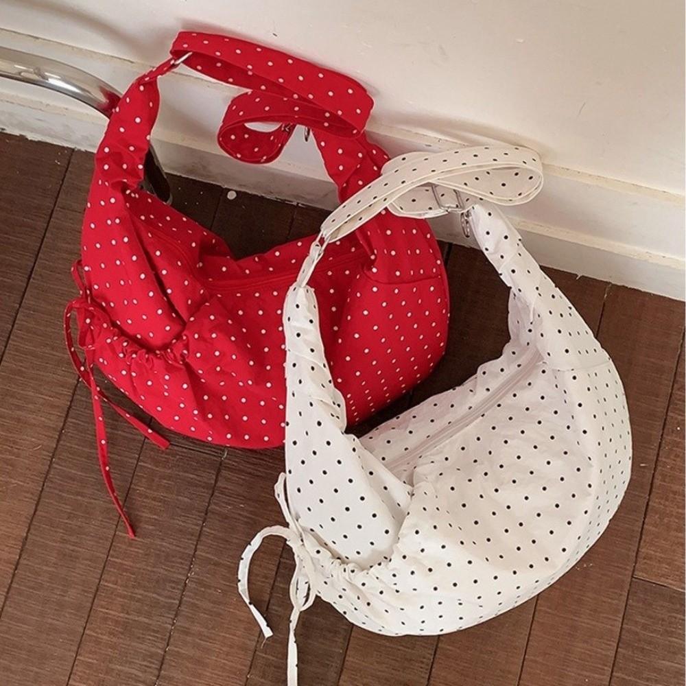 Nylon Polka Dot Shoulder Bag Korean Style Large Capacity Crossbody Bag Pleated Zipper Design Ultralight Dumpling Bag for Women