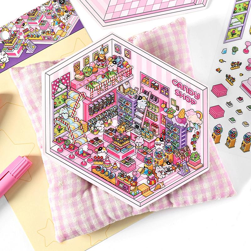 1Set Cartoon 3D Landscape Stickers Pocket Cabin Scene Stacking Pasting Stickers Diy Decoration Stickers Festival Birthday Gifts