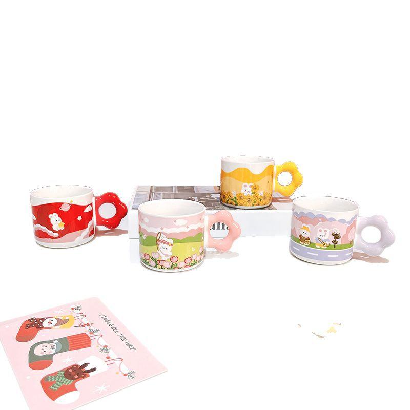 Cute Creative Rabbit Spring Outing Water Cup Drawing Handle Cartoon Ceramic Cup Mug