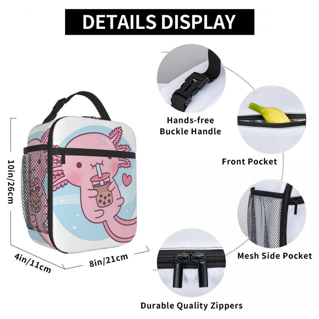 Niedliche isolierte Lunchtasche mit Axolotl-Milchtee-Print für Frauen und Kinder, tragbare Lebensmittelbox, Thermotasche