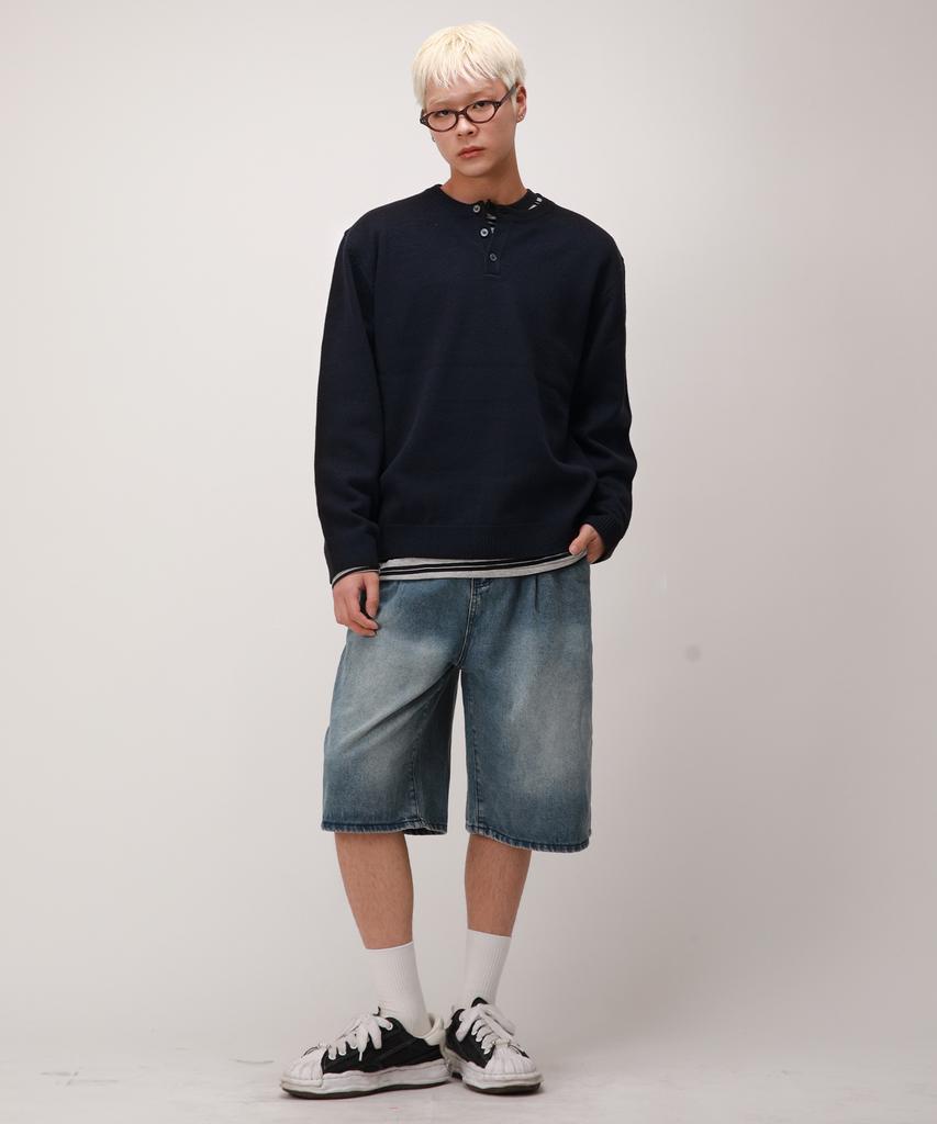 Dibellobeu Daily Henley Neck Round Knit_ Navy