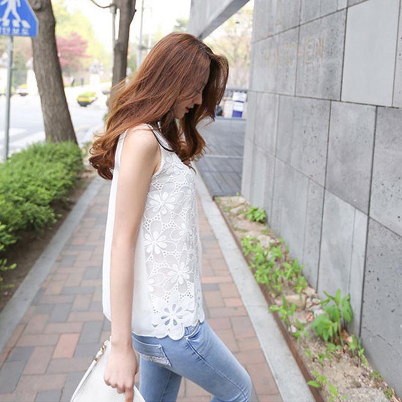 Women Summer Loose Lace Flower Sleeveless Vest