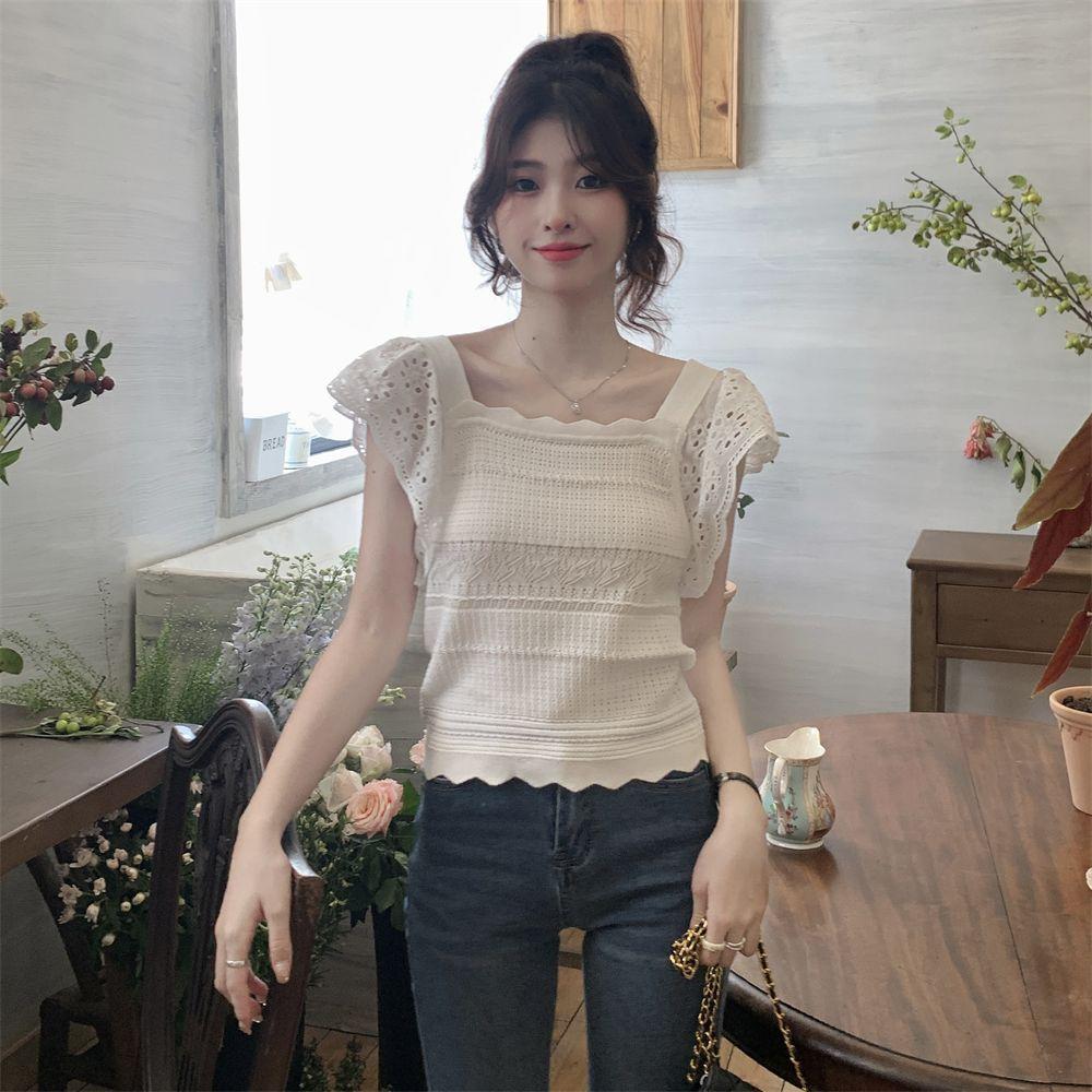 Summer Versatile Temperament Short Sleeved Small Fly Sleeve Ice Silk Knitted T-shirt French Collarbone Square Neck Top Slim Fit Short