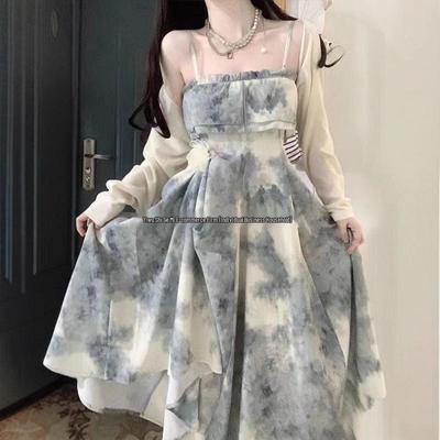 Women's Summer Ink Painting Outfit: Thin Sunscreen Cardigan & Slimming Camisole Dress