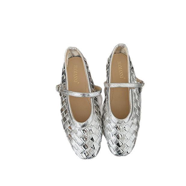 French inner height increase gold retro Mary Jane shoes women's 2025 spring new shallow mouth one-word buckle belt woven single shoes