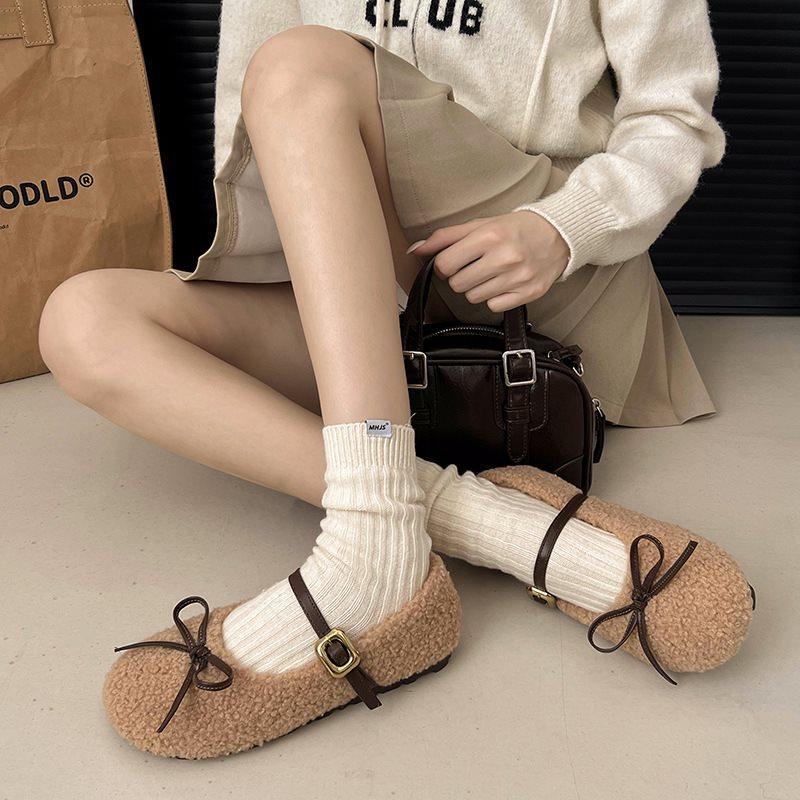 Fleece Round Head Gentle Wind Bow Flat Cotton Shoes Fluffy Shoes Women's Autumn and Winter 2025 French Warm New Sweet