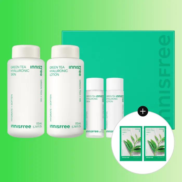 

Набор для ухода за кожей с гиалуроновой кислотой и зеленым чаем, 2 предмета + Набор масок с энергией зеленого чая, 2 штуки