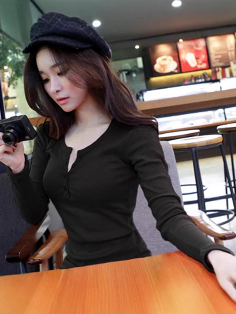 T-shirt Boutonné Manches Longues Coupe Ajustée pour Femme - Style Coréen Polyvalent pour le Printemps et l'Automne