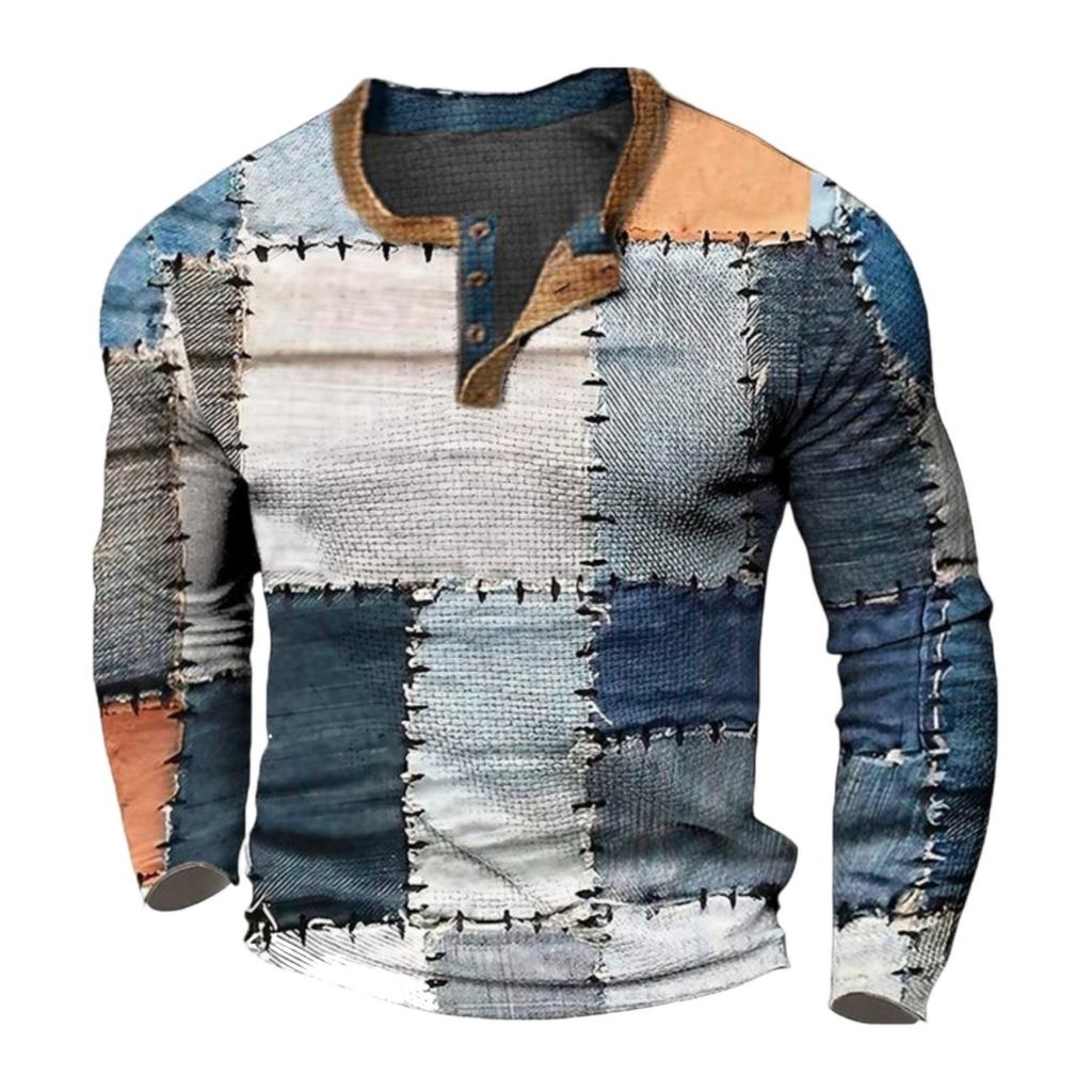 T-shirt Top da Uomo Girocollo Rete Trendy Stampata 3D a Manica Lunga