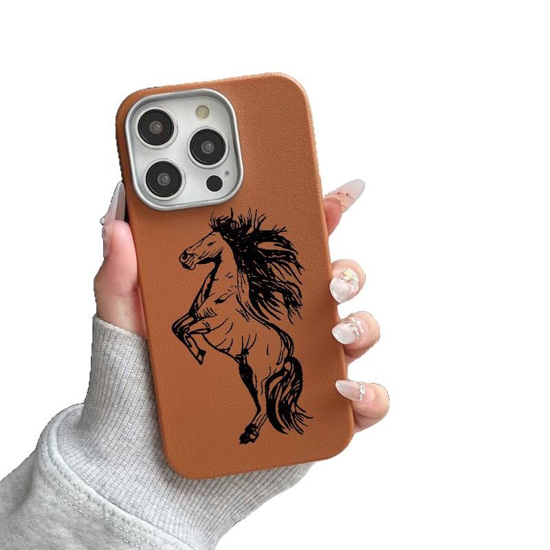 Black Horse for iPhone15promax Mobile Phone Case Apple 16 Leather Pattern 14/13/12 Protective Case 17