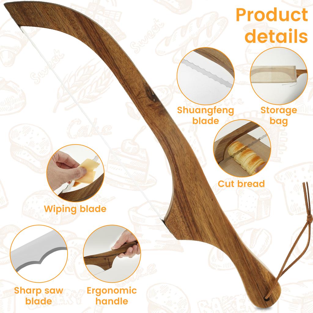 Bread Bow Cutter Stainless Steel Sourdough Bread Slicer with Wood Handle Serrated Bagel Cutter Practical Bread Cutter Slicer