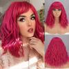Perruque Bob courte ondulée avec frange, couleur rouge Rose, longueur d'épaule pour femmes, perruque en Fiber synthétique naturelle ondulée pour Cosplay