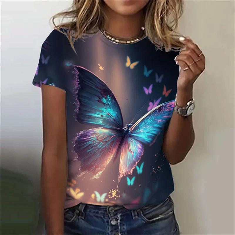 Summer Round Neck Butterfly Pattern 3D Print Top Fashionable Casual Short Sleeved Women's T-shirts