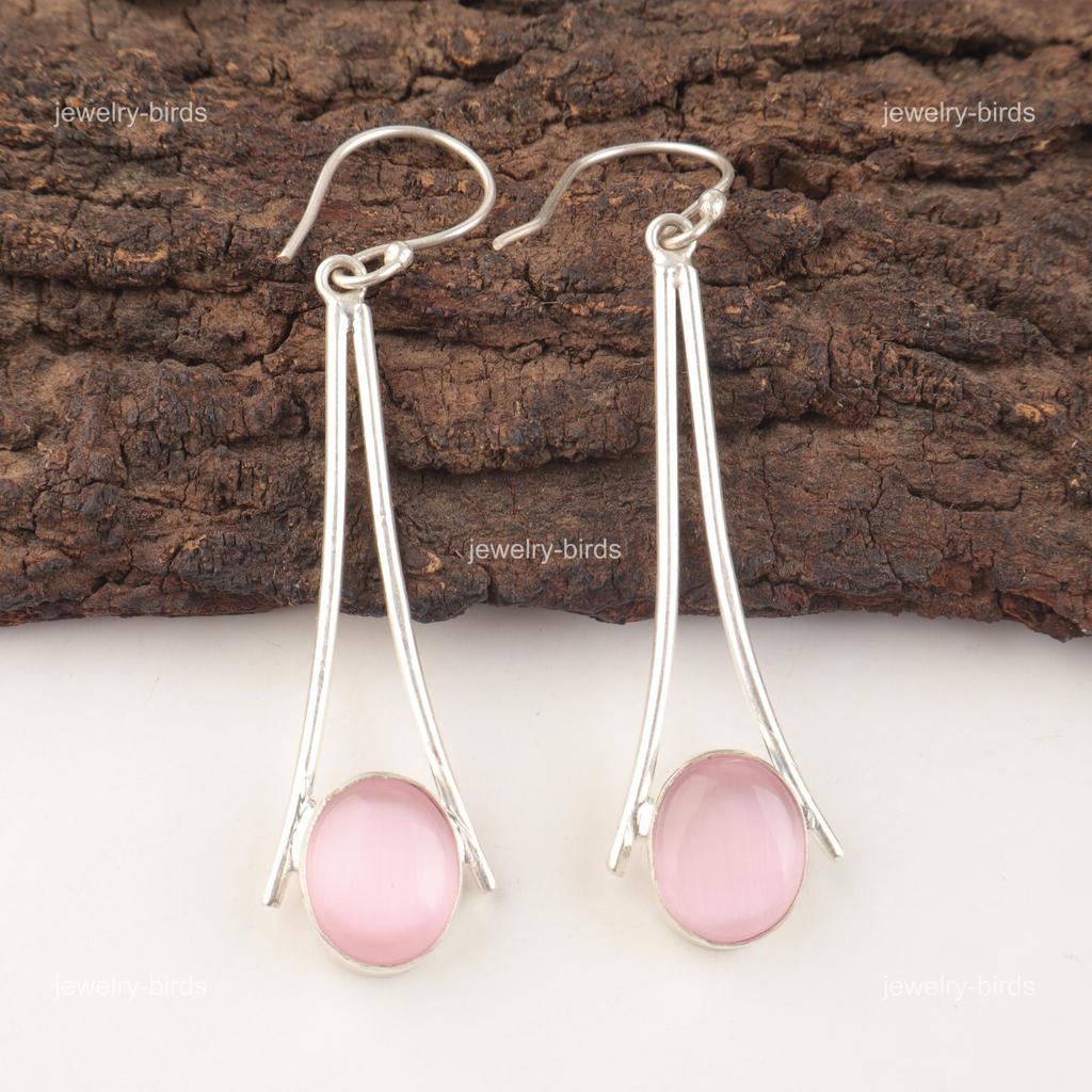 Oval Natural Pink Cat's Eye 925 Silver Hook Dangle Unique Mother Gift Earrings EE-136-40