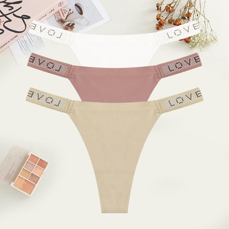 3Pcs Sexy Seamless Women's Underwear Low Waist Rhinestones Letter Thong Solid Stretch G-string Ladies Sports Bikini Lingerie New