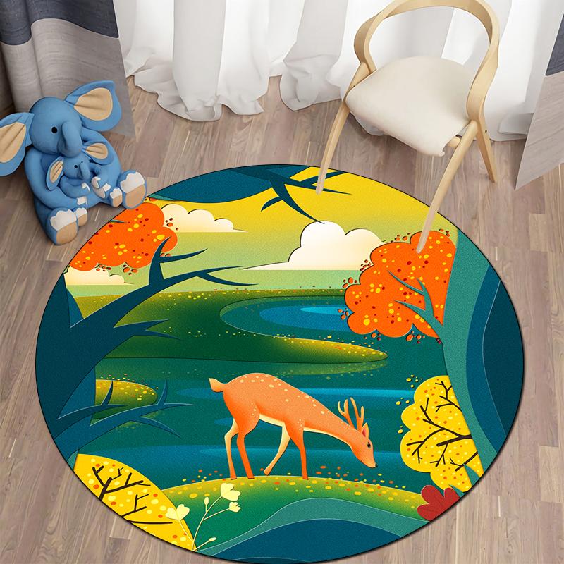 Floor Mat Living Room Rug Children's Crawling Play Area Mat Anime Carpet Door Mat Forest Fawn Round Rug