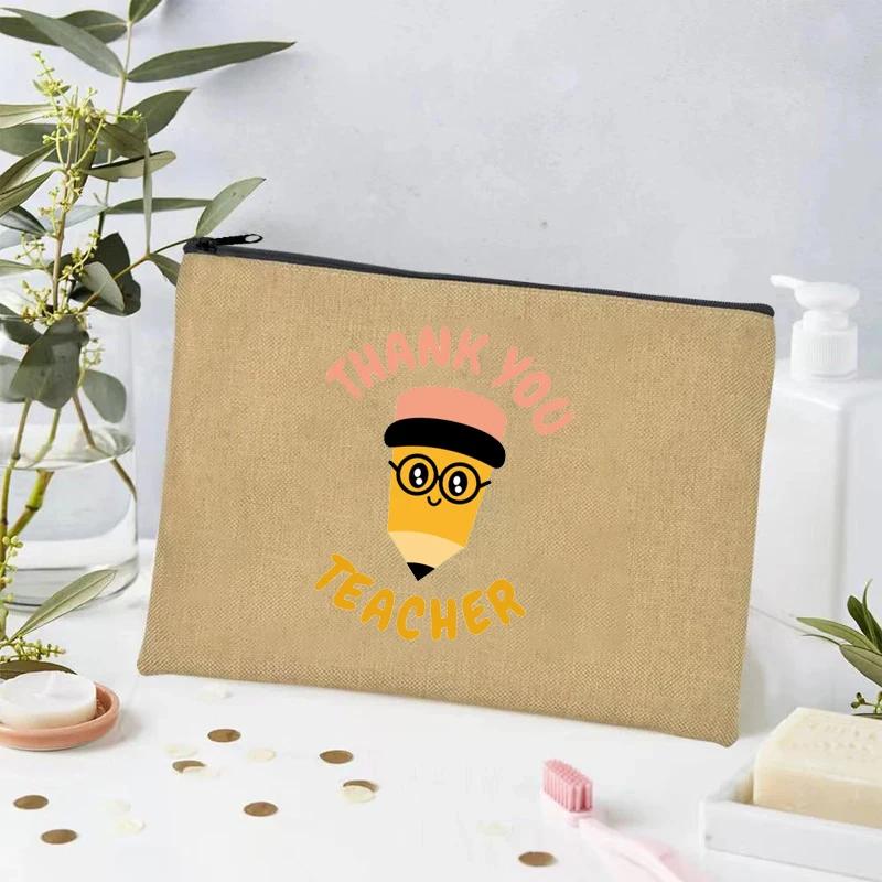 Thank You Teacher Print Linen Toiletry Bag Organizer Perfume Lipstick Cosmetic Bag Office Supplies Pencil Bag Teacher's Day Gift