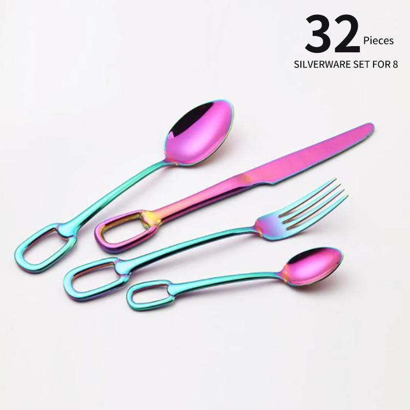 European Look Luxury Cutlery Complete Set Knife Fork Spoon Stainless Steel Tableware Stylish Dinnerware Hangable Design 32Pcs Creativity