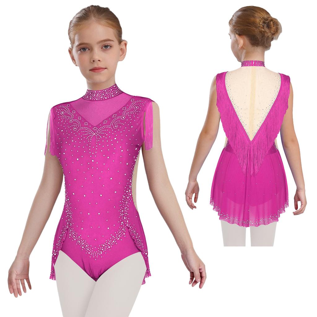 Girls Dance Costume - Shiny Rhinestone Leotard with Sheer Mesh, Invisible Back Zipper & Attached Tassel Skirt