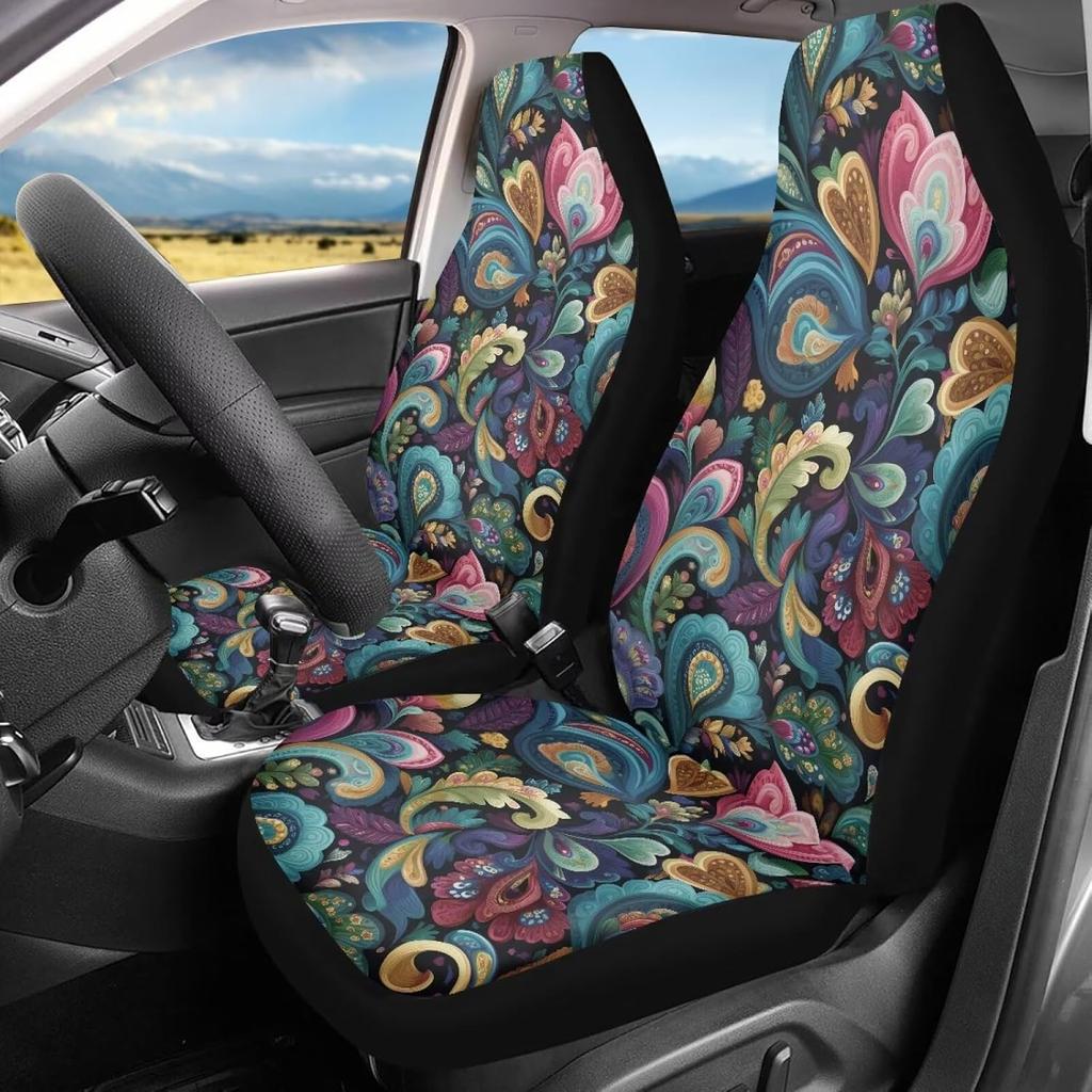 Bulopur Black Boho Floral Car Seat Covers Front Seats Only for Women Men Seat Covers w/Organizer Pocket for Cars SUV Truck Sedan