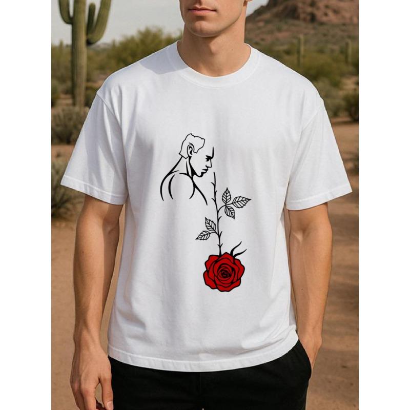 European Size Men's Short Sleeve T-Shirt, Medium Stretch, Casual Graphic Tee with Delicate Face Line Art Print