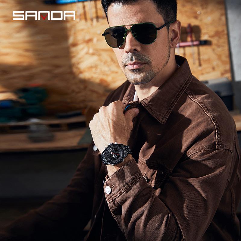 SANDA Dual Display Electronic Watch - Cool Business Waterproof Wristwatch with Live Broadcast, Teenager Alarm Clock Feature.