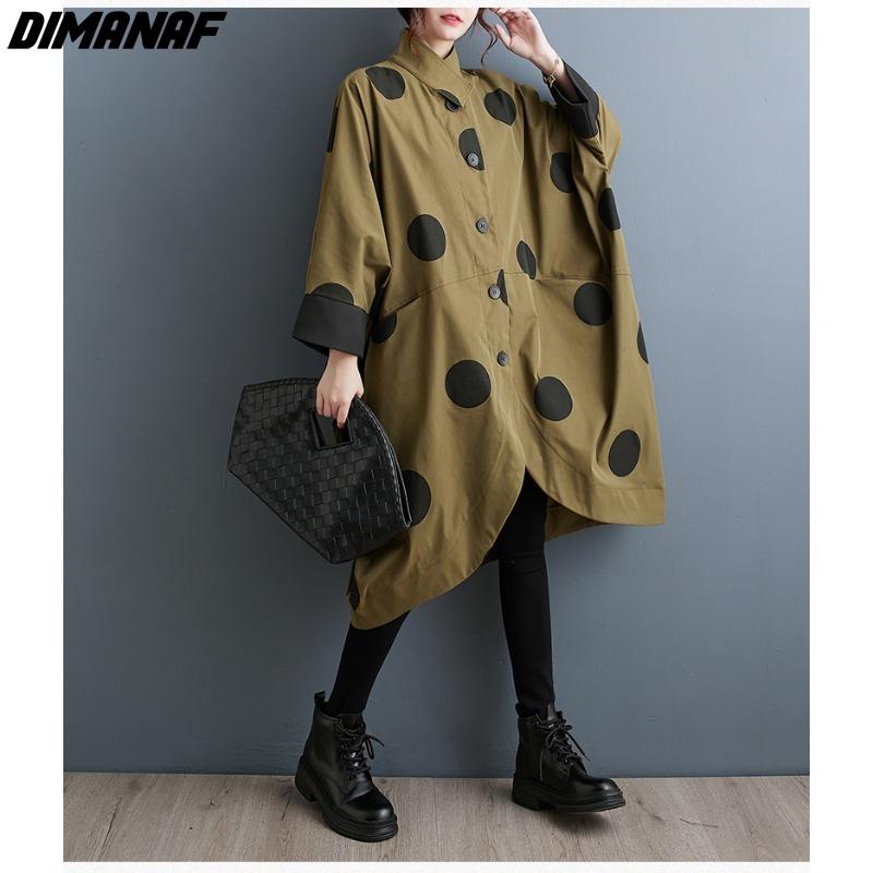 

DIMANAF Великий розмір 2023 Осінь Зима Нові куртки Вільні рукави «летюча миша» з вінтажним принтом у крапку Чорне повсякденне Довге пальто One Size