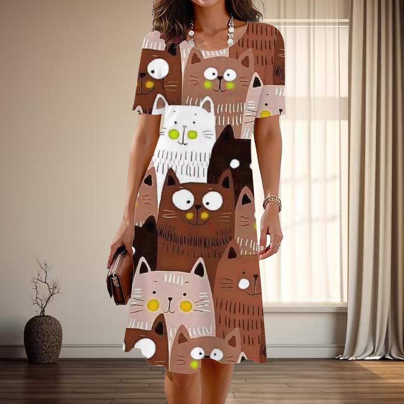 

Женская мода изящный милый кошачий принт лето весна короткий рукав О-образный вырез повседневные платья 8XL коричневый