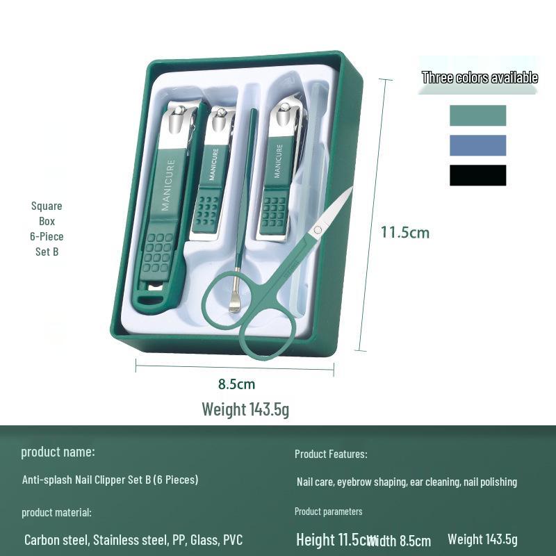 Anti-Splash Nail Clipper 6-Piece Set with Cover for Manicure & Pedicure