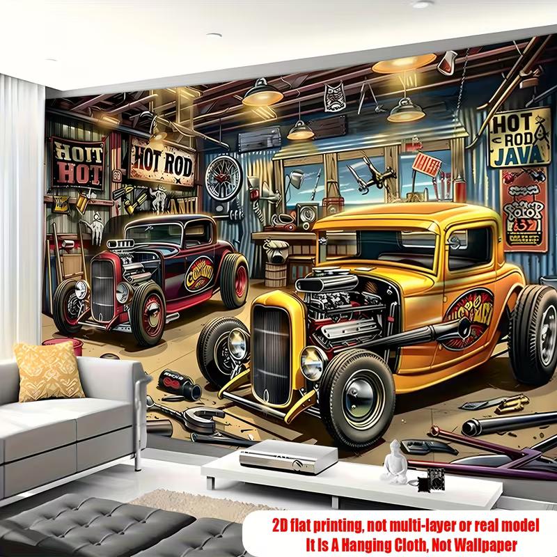 American Retro Hot Rod Garage Tapestry Vintage Car Art Wall Decor